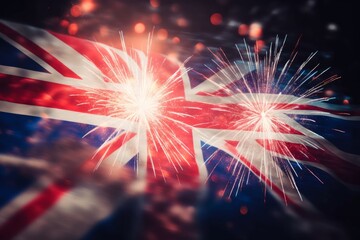UK holiday concept. Great Britain Union Jack flag background with fireworks. Generative AI - obrazy, fototapety, plakaty