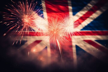 UK holiday concept. Great Britain Union Jack flag background with fireworks. Generative AI - obrazy, fototapety, plakaty