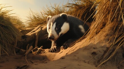 Shot of badger resting at entrance hole burrow mouth - obrazy, fototapety, plakaty