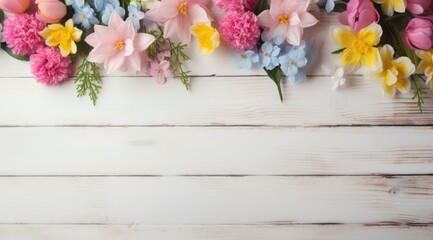 Spring background with color flowers on wooden background.