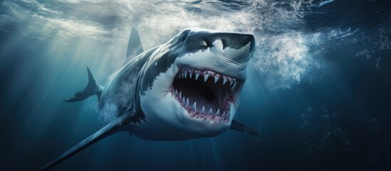 A large-jawed shark with sharp teeth is attacking underwater in the ocean.