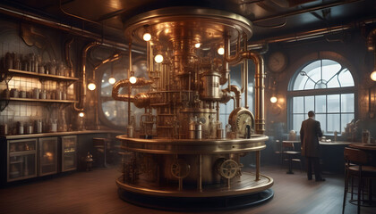 Brass Walls, Gear Furniture, Pneumatic Tubes, Clockwork Robot, Steampunk Haven ai generation - Powered by Adobe