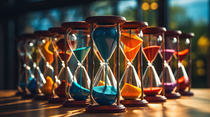A row of colorful hourglass.Concept of time passing, urgency or deadline.