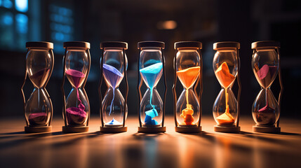 A row of colorful hourglass.Concept of time passing, urgency or deadline.