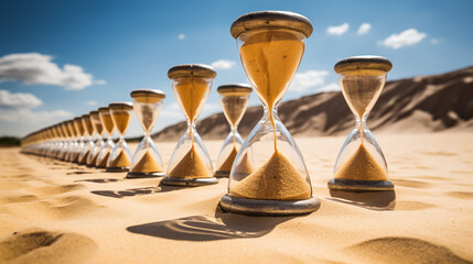 A row of hourglass at sand dunes. Concept of time passing, urgency or deadline. - obrazy, fototapety, plakaty