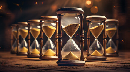 A row of hourglass. Concept of time passing, urgency or deadline. - obrazy, fototapety, plakaty