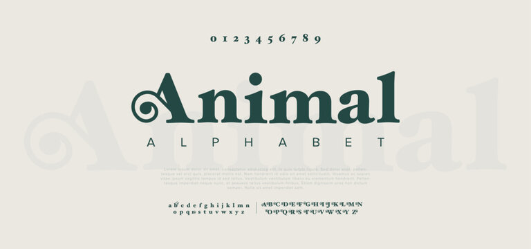 Animal premium luxury elegant alphabet letters and numbers. Elegant wedding typography classic serif font decorative vintage retro. Creative vector illustration