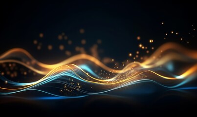 Abstract futuristic background with gold and blue glowing neon moving high speed wave lines and bokeh lights. Visualization of sound waves. Data transfer concept. Fantastic wallpaper. Generative AI