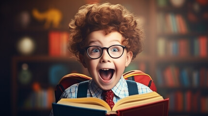 Portrait of excited school boy with background of classroom. - obrazy, fototapety, plakaty
