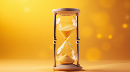An hourglass on yellow background. Concept of time passing, urgency or deadline.
