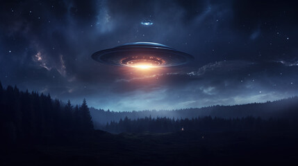 UFO, an alien saucer hovering above the field in the clouds.Unidentified flying object, alien invasion, extraterrestrial life, space travel, spaceship.