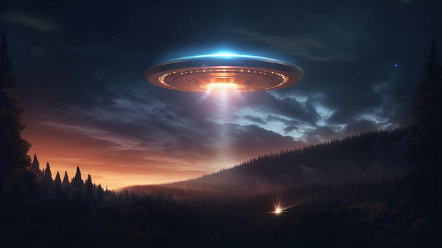 UFO, an alien saucer hovering above the field in the clouds.Unidentified flying object, alien invasion, extraterrestrial life, space travel, spaceship.