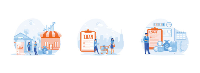 businessman borrowing or owing money in the bank to improve his business, Business loan, Loan disbursement. Business loan set flat vector modern illustration 