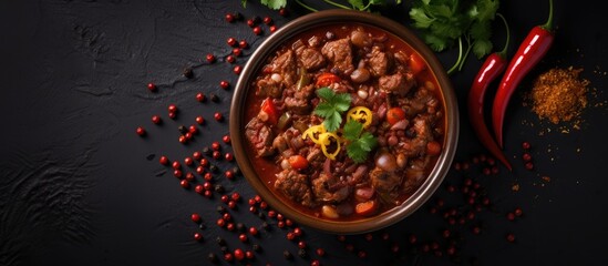 Top-down view of traditional Mexican culinary dish: chili con carne in a bowl.