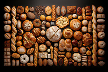 Top view composition of various types of bread forming a harmonious and visually striking pattern