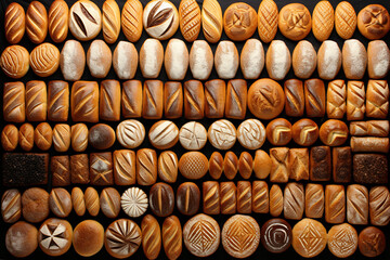 Image taken from above of various types of bakery, in a visually striking artistic pattern