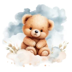 Fotobehang Cute baby teddy bear sleeping on the cloud Illustration, Generative Ai © Creative Artist
