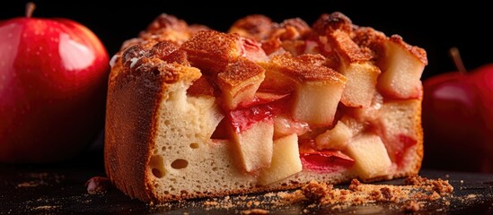 Close-up side view of red dough with apple cake chunks.