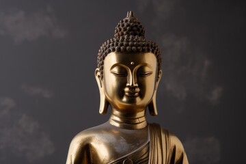 Brass sculpture of Gautam Buddha. Over grey background, Generative AI