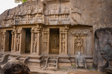Fototapeta premium Exclusive Monolithic Rock Carved - Thirumoorthi Cave Temple is UNESCO's World Heritage Site located at Mamallapuram or Mahabalipuram in Tamil Nadu, South India
