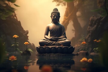 A beautiful statue of Buddha meditating in a peaceful environment. Generative AI