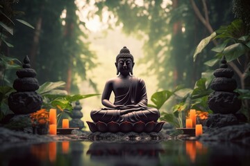 A beautiful statue of Buddha meditating in a peaceful environment. Generative AI - obrazy, fototapety, plakaty