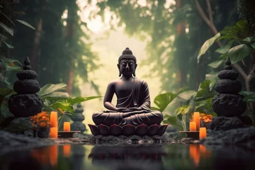 Deurstickers A beautiful statue of Buddha meditating in a peaceful environment. Generative AI © Shreya Verse