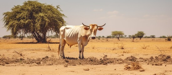 Zebu cow in Senegal grazes on field.