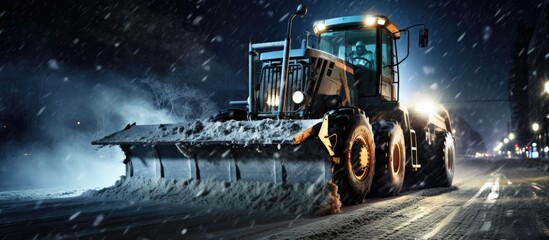A snow removal service spreads rock salt on a city road at night during a winter blizzard using a Tractor with a mounted salt spreader. - obrazy, fototapety, plakaty