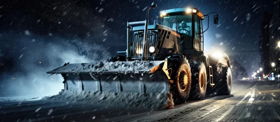 Poster A snow removal service spreads rock salt on a city road at night during a winter blizzard using a Tractor with a mounted salt spreader. © 2rogan