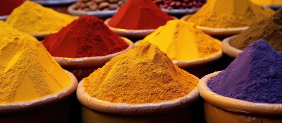 Vibrant spice mounds on an Eastern market