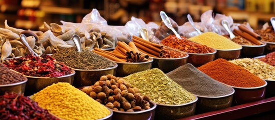 Spices and seasonings showcased at spice market in Istanbul, Turkey. - obrazy, fototapety, plakaty