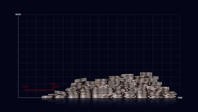 A line graph of interest rates that continue to rise. Business concept with piles of coins and graph.

