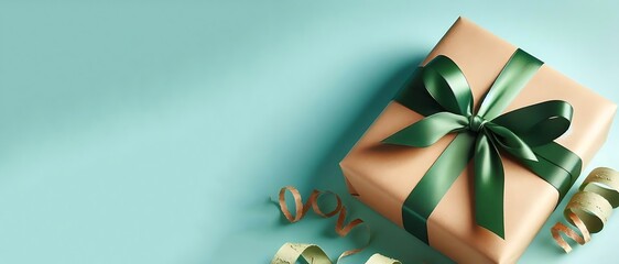 A gift box in craft wrapping with green ribbon and green isolated background with copy space for text, Best for greeting and wishes, AI-generated 