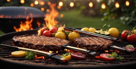 grilled meat on the grill,Grilling and BBQ. Beef steaks on the grill Catering buffet food indoor in restaurant with grilled meat. - obrazy, fototapety, plakaty