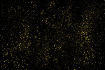 Fototapeta na wymiar Gold Glitter Texture Isolated on Black Background. Golden light. Yellow Pattern. Realistic Texture Overlay. Vector Illustration. 