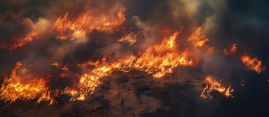 Aerial view of burning fields from forest fire.