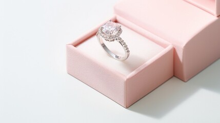 a silver wedding ring beautifully displayed in a soft pink ring box on a pure white backdrop.