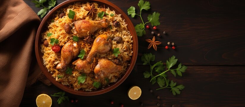 Aerial view of homemade Arabian biryani with chicken.