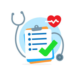 clipboard with stethoscope, medical check form report, health checkup concept illustration flat design vector. modern graphic element for landing page ui, infographic, icon