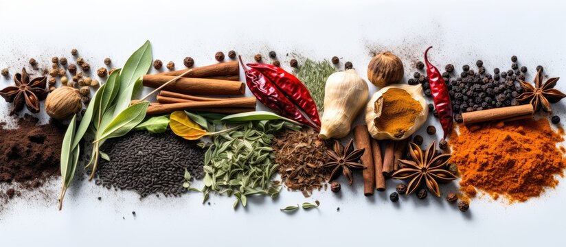 Assorted spices and herbs for cooking, including peppers, paprika, saffron, seeds, nutmeg, cardamom, and thyme.