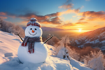 Fototapeta premium Cute snowman in snow with senta hat for happy christmas and new year festival winter wallpaper. AI