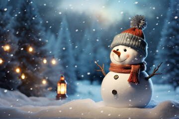 Fototapeta premium Cute snowman in snow with senta hat for happy christmas and new year festival winter wallpaper. AI