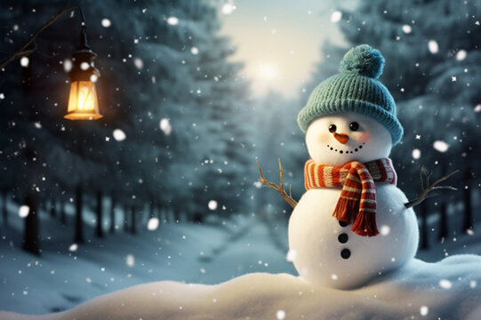 Cute snowman in snow with senta hat for happy christmas and new year festival winter wallpaper. AI