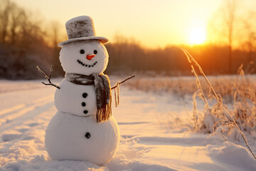 Fototapeta premium Cute snowman in snow with senta hat for happy christmas and new year festival winter wallpaper. AI