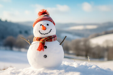 Obraz premium Cute snowman in snow with senta hat for happy christmas and new year festival winter wallpaper. AI