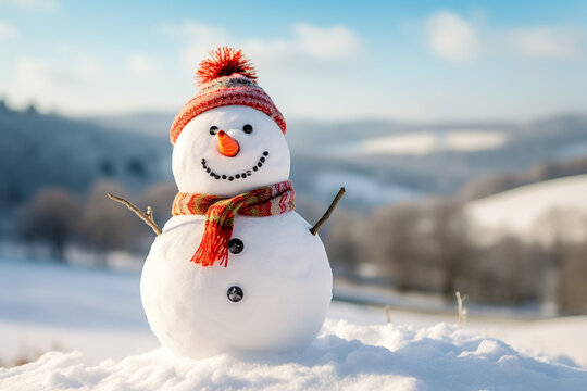 Cute snowman in snow with senta hat for happy christmas and new year festival winter wallpaper. AI
