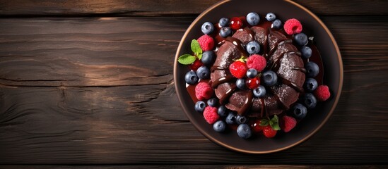 Bird's-eye view of a chocolate bundt cake with melted chocolate and frozen berries.