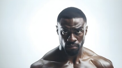 Portrait of a black male boxer on action against white background with space for text, background image, generative AI