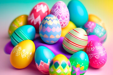 Fototapeta na wymiar Colorful Easter egg decorations on a bright background, joyful and festive atmosphere, traditional Easter motifs